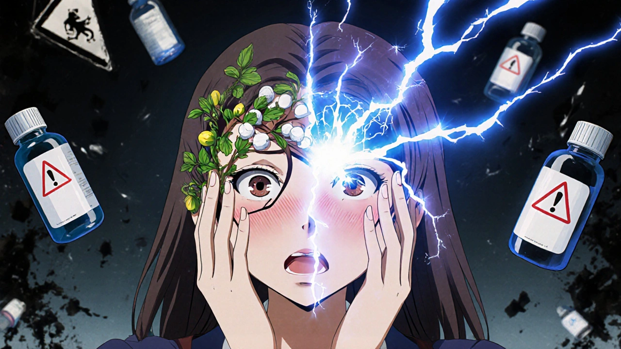 A woman in mental distress as antidepressants and St. John’s wort clash inside her mind, with electrical sparks and pill bottles around her.