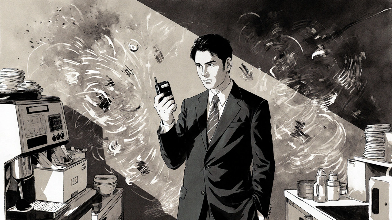 An adult in a busy office battles overwhelming background noise, clutching a listening device as sound distorts around them.