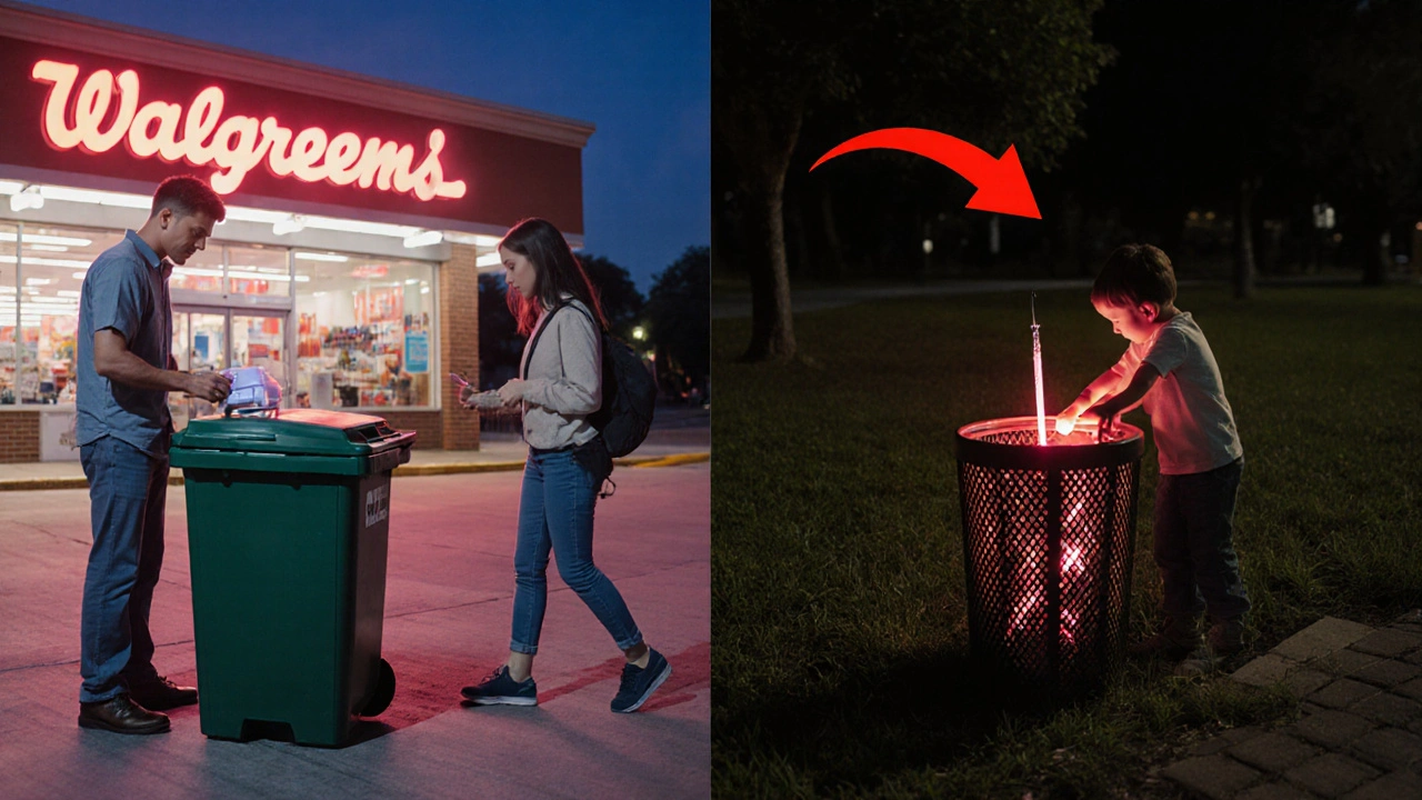Contrasting scenes: safe disposal at a pharmacy vs. a child reaching for a needle in a park trash can.