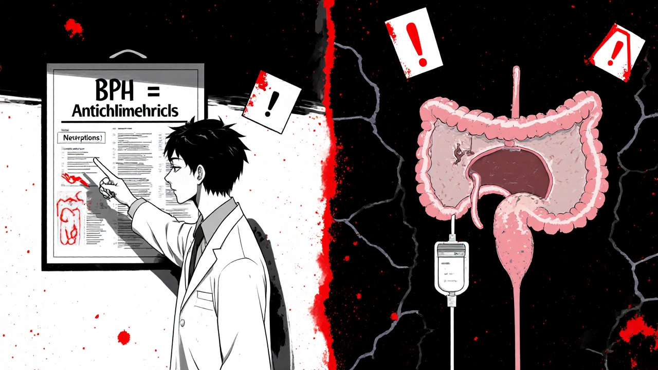 Doctor and patient beside medical chart showing BPH and anticholinergic risk with catheter.