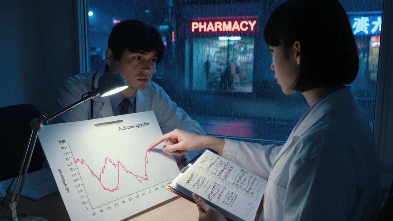 Doctor and patient reviewing INR chart at night, handwritten logbook open, rain outside clinic window