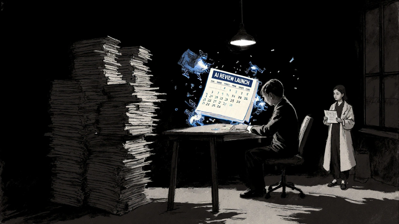 FDA reviewer surrounded by drug applications, AI data streams floating near a complex inhaler file, Q3 2024 AI launch marked on calendar.