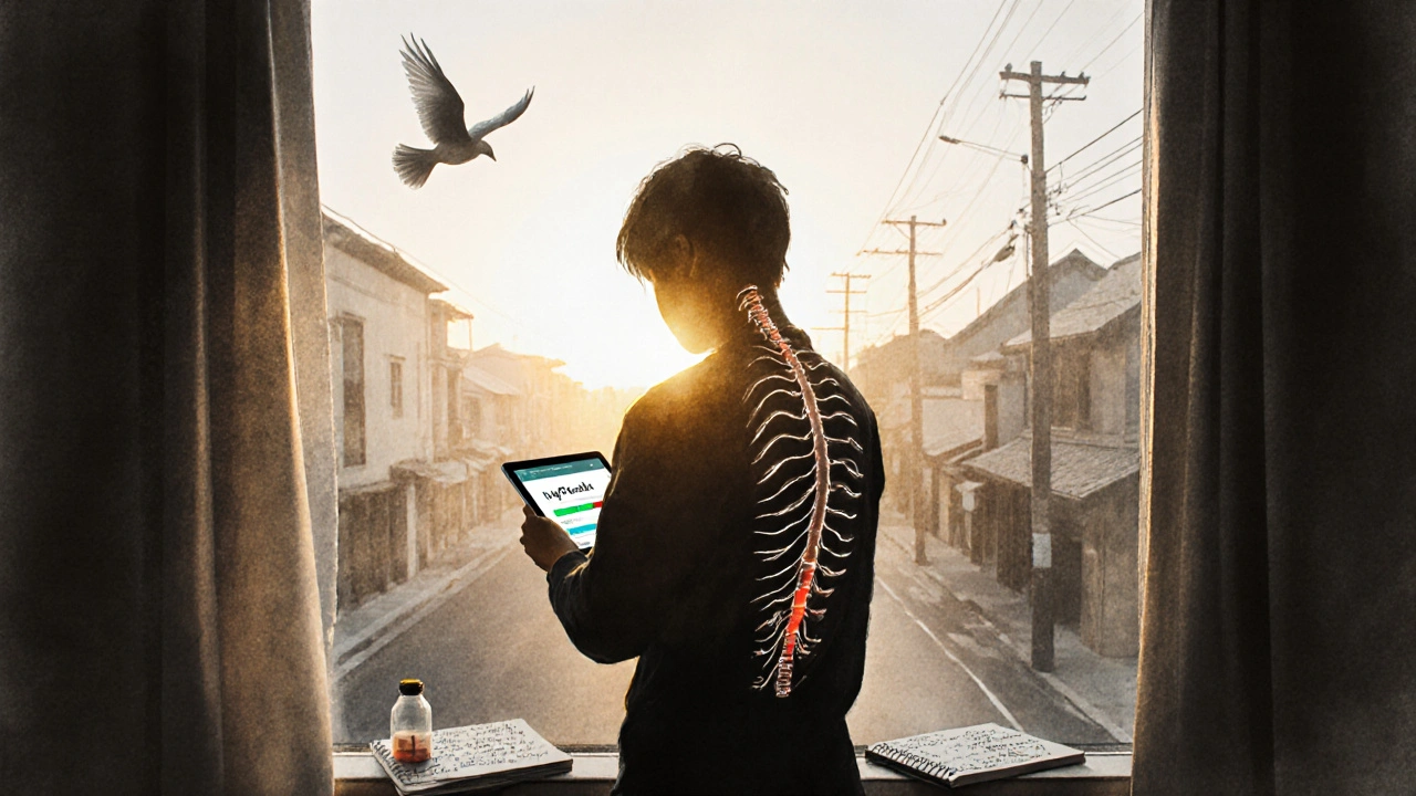 Figure at window with pain lines fading, holding pain management app as bird flies away.