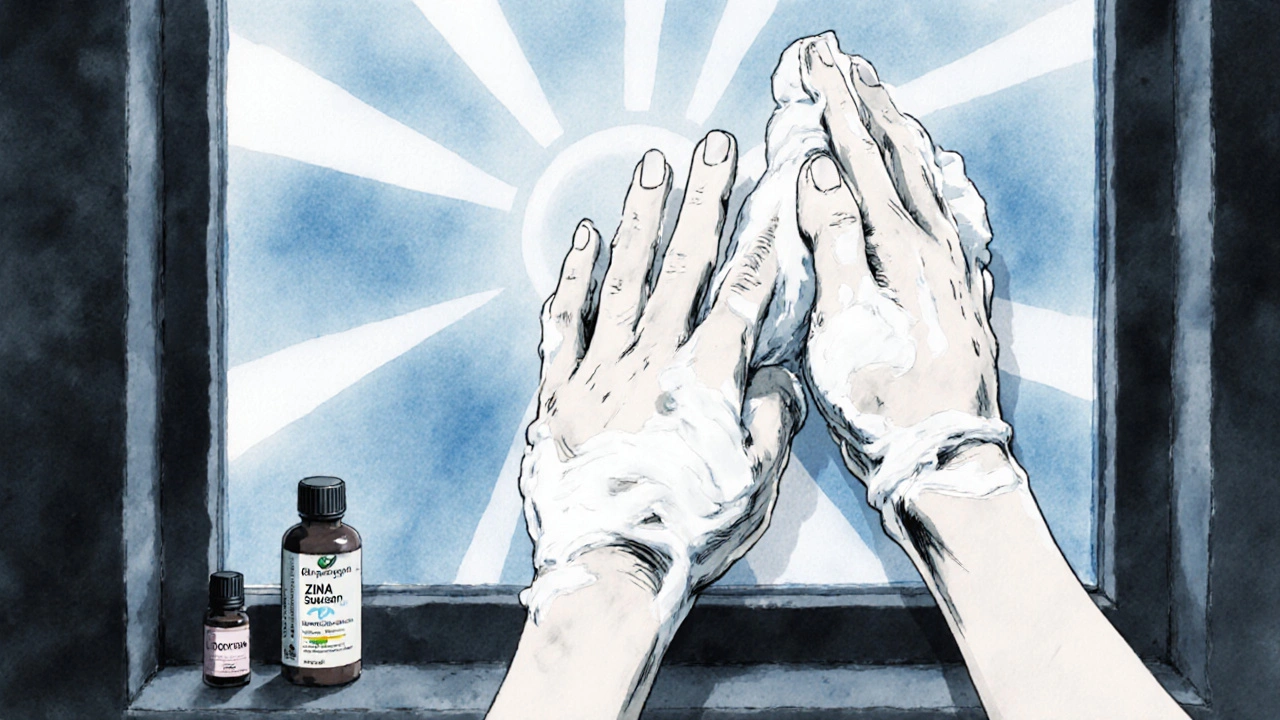 Hands applying thick zinc oxide sunscreen near a window with UV rays penetrating glass.