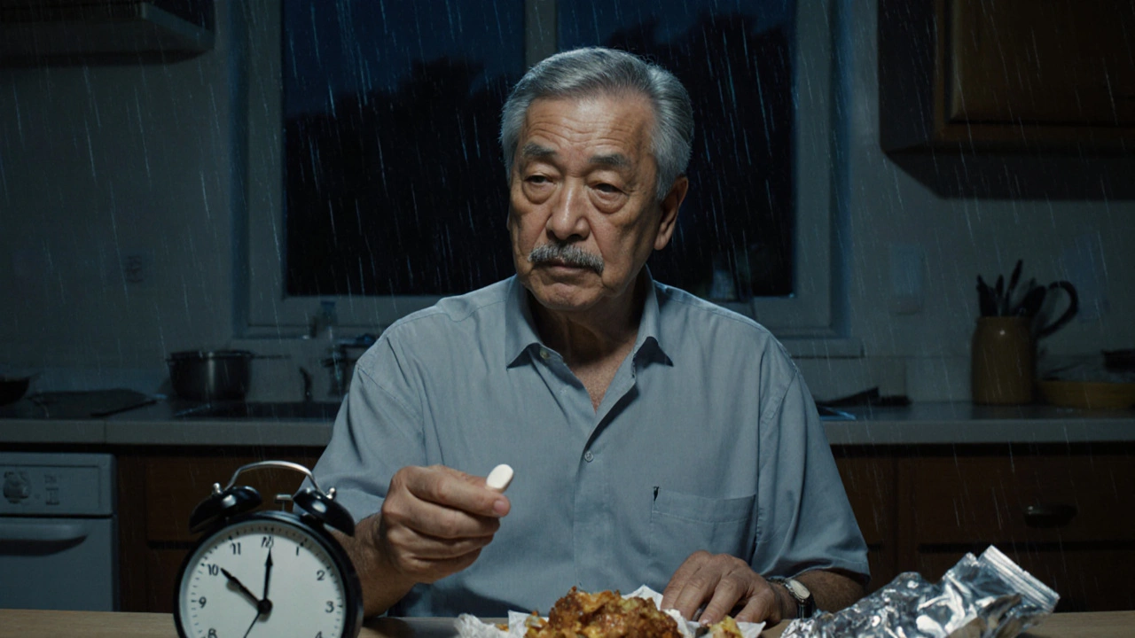Man staring at clock at night, holding pill, surrounded by trigger foods in dim kitchen.