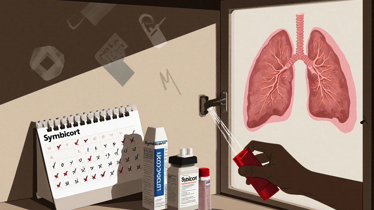 Medicine cabinet with inhalers and daily checkmarks, hand rinsing mouth, translucent healthy lungs forming over damaged ones.