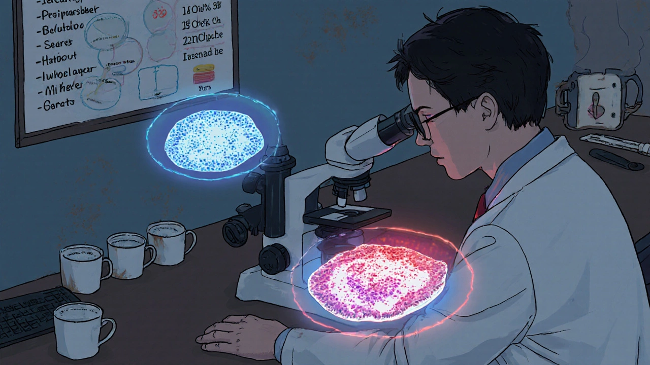 Pathologist examining biopsy with glowing molecular markers indicating cancer risk.