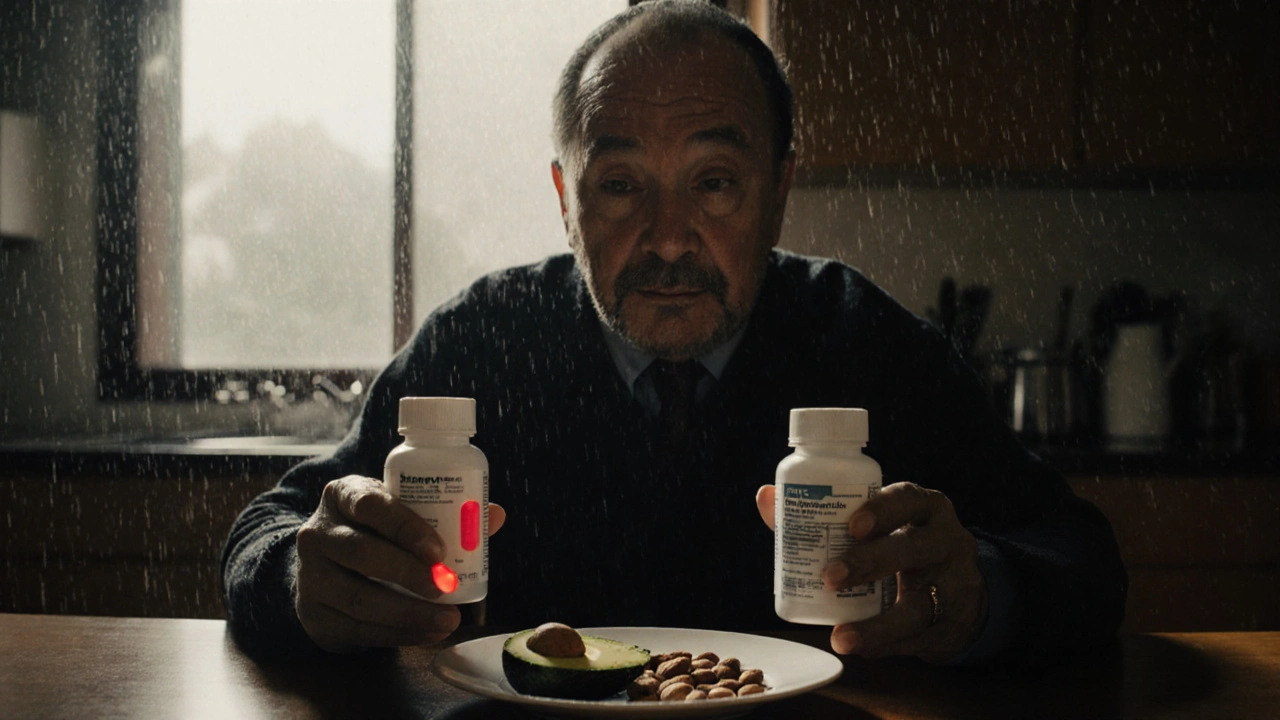 Patient holding two pill bottles beside healthy fats, rain on window.