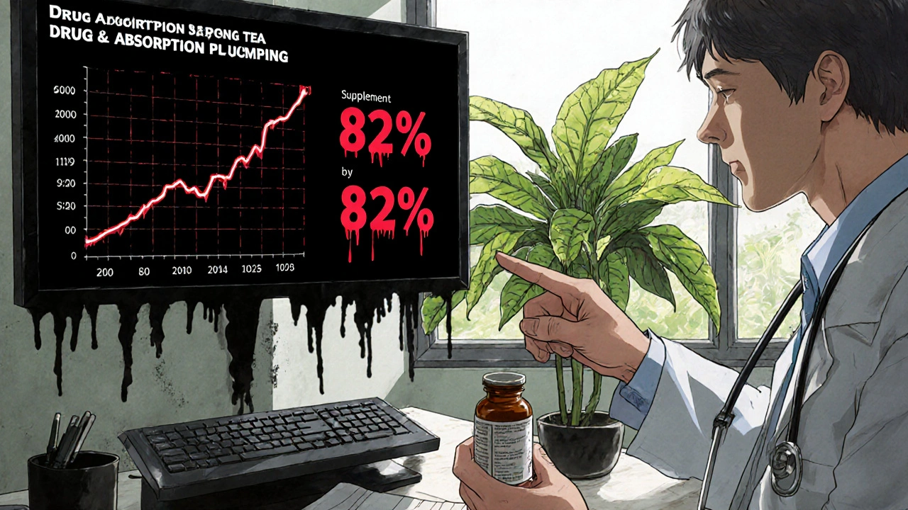 Patient in doctor&#039;s office staring at a graph showing drug absorption dropping, with a cracked tea plant outside.