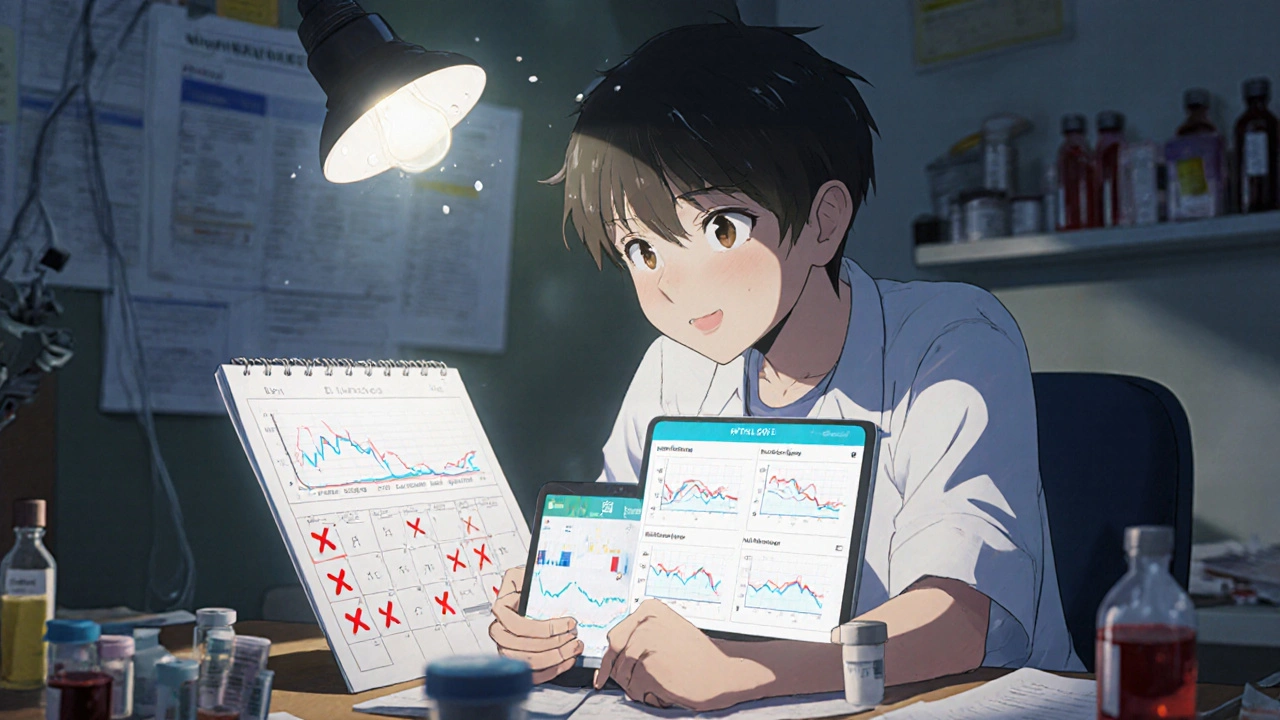 Person at desk staring at a health app graph while a printed calendar with missed tests lies beside them.