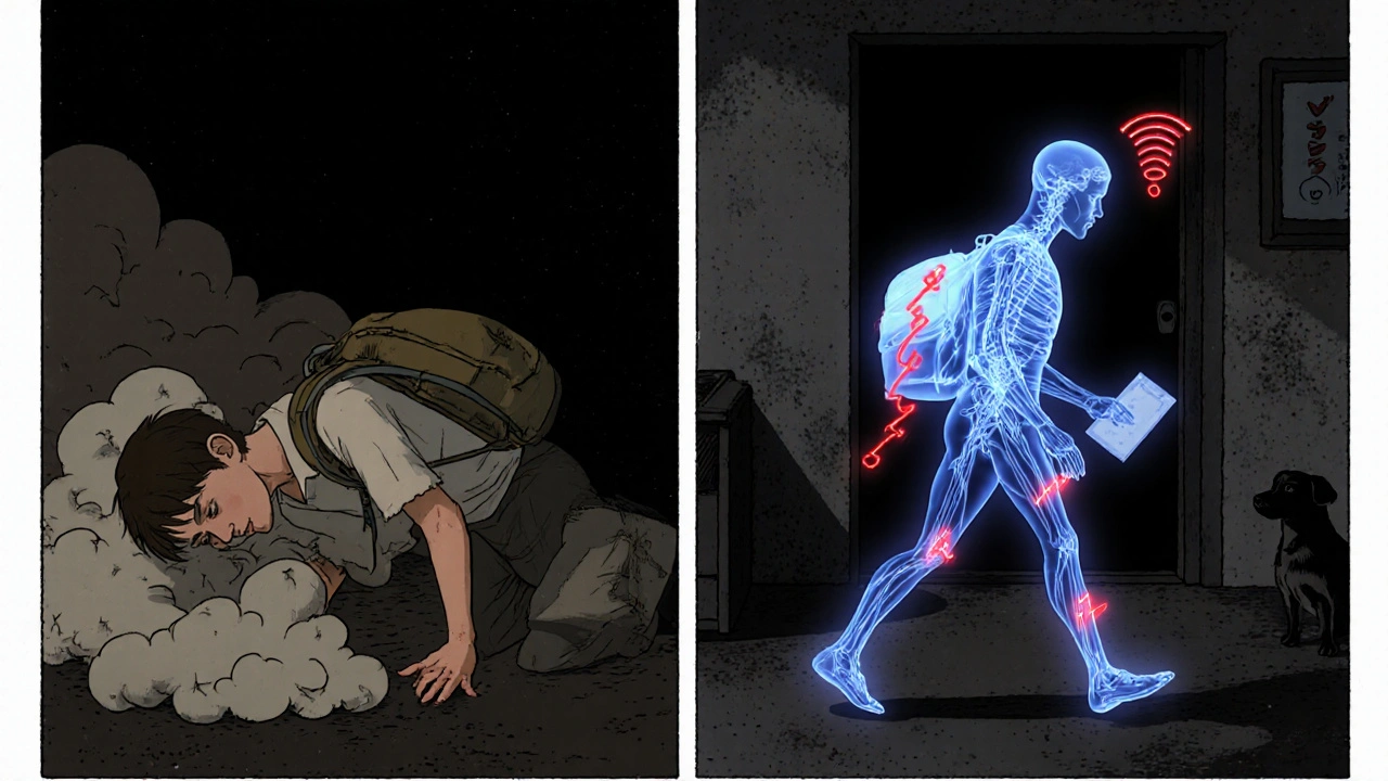 Person transitioning from pain-induced collapse to calm, paced movement with daily checklist.