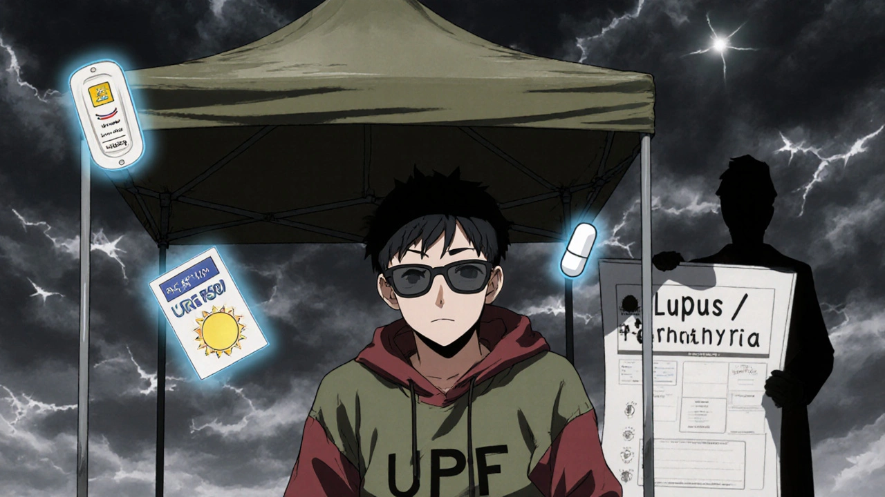 Person under UV-protective canopy with floating icons of sun protection tools and medical chart.