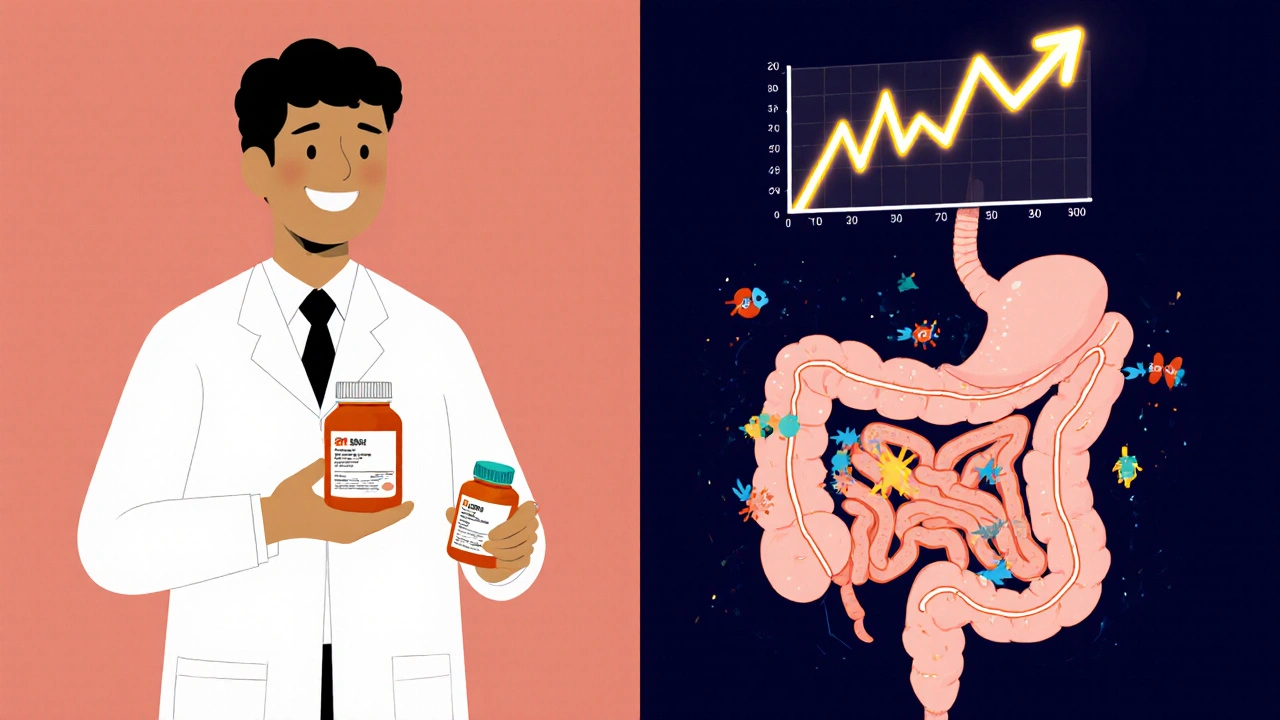 Pharmacist handing a pill bottle while microscopic excipients affect the digestive system.