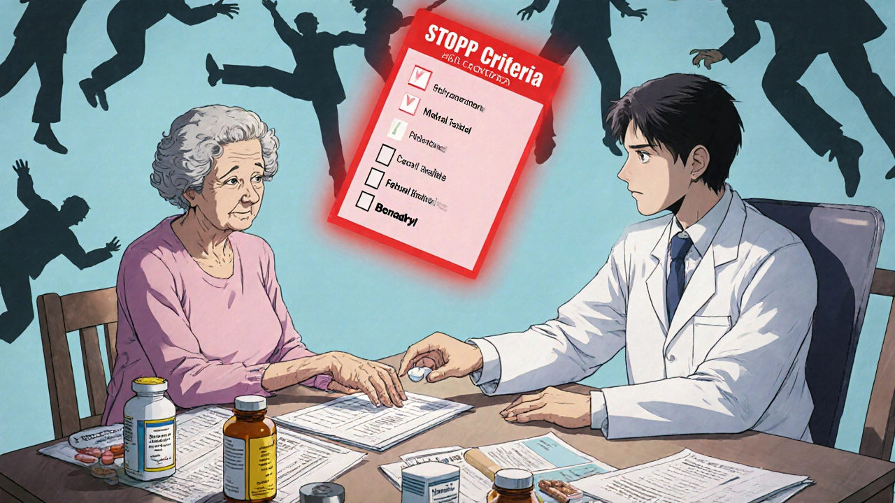 Senior and pharmacist reviewing pills at table with warning checklist glowing.