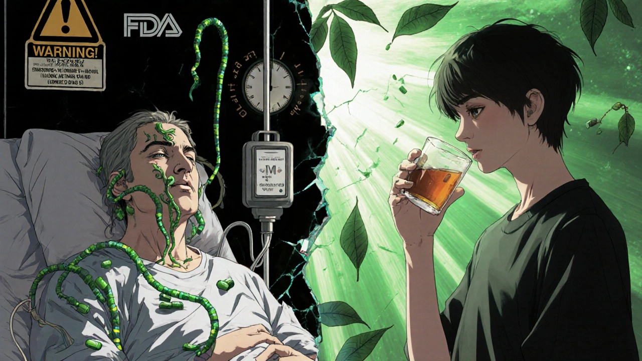 Split scene: cancer patient with toxic green extract tendrils vs. calm person drinking brewed tea.