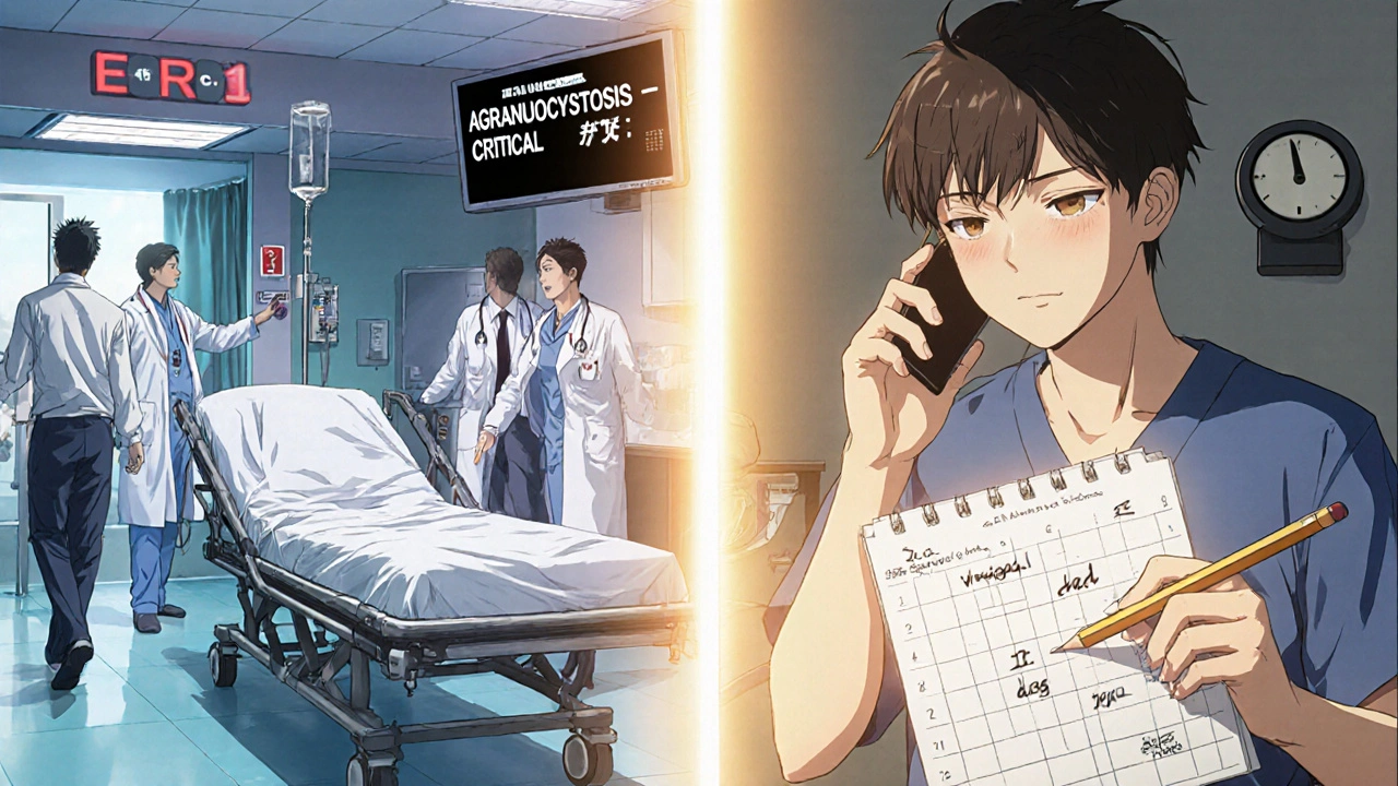 Split scene: ER crisis on left, calm lab calendar review on right, symbolizing prevention vs. crisis.