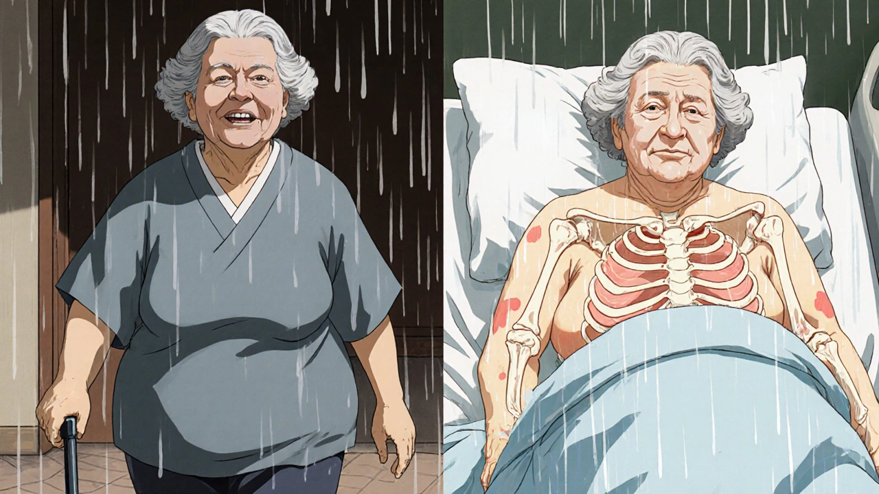 Split scene: healthy elderly woman walking versus same woman with bone damage from repeated injections.