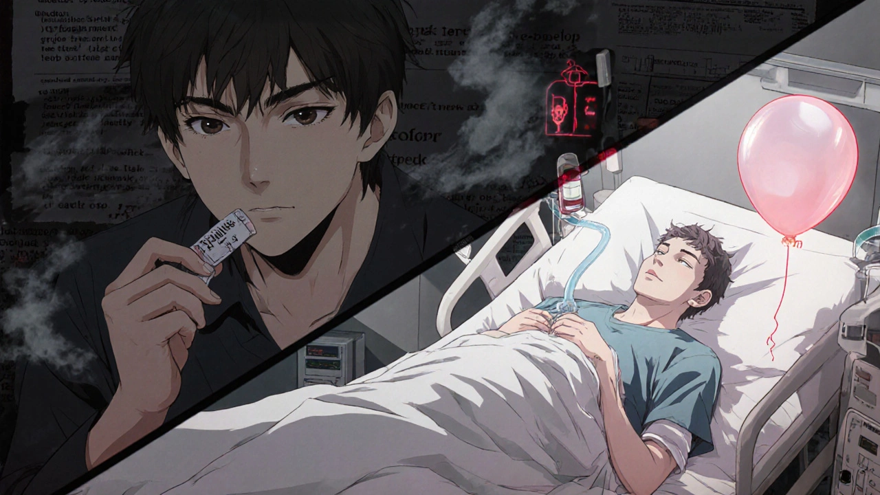 Split scene: man taking pill vs. hospitalized with distended bladder and catheter.