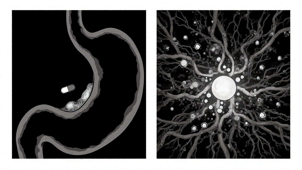 Surreal anatomical scene showing drug absorption with fat-formed micelles.