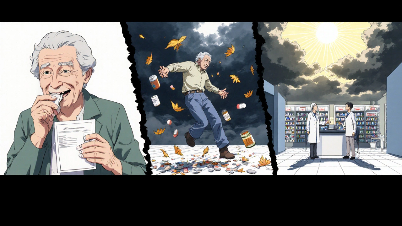 Timeline showing fall risk, then recovery with reduced meds and support.