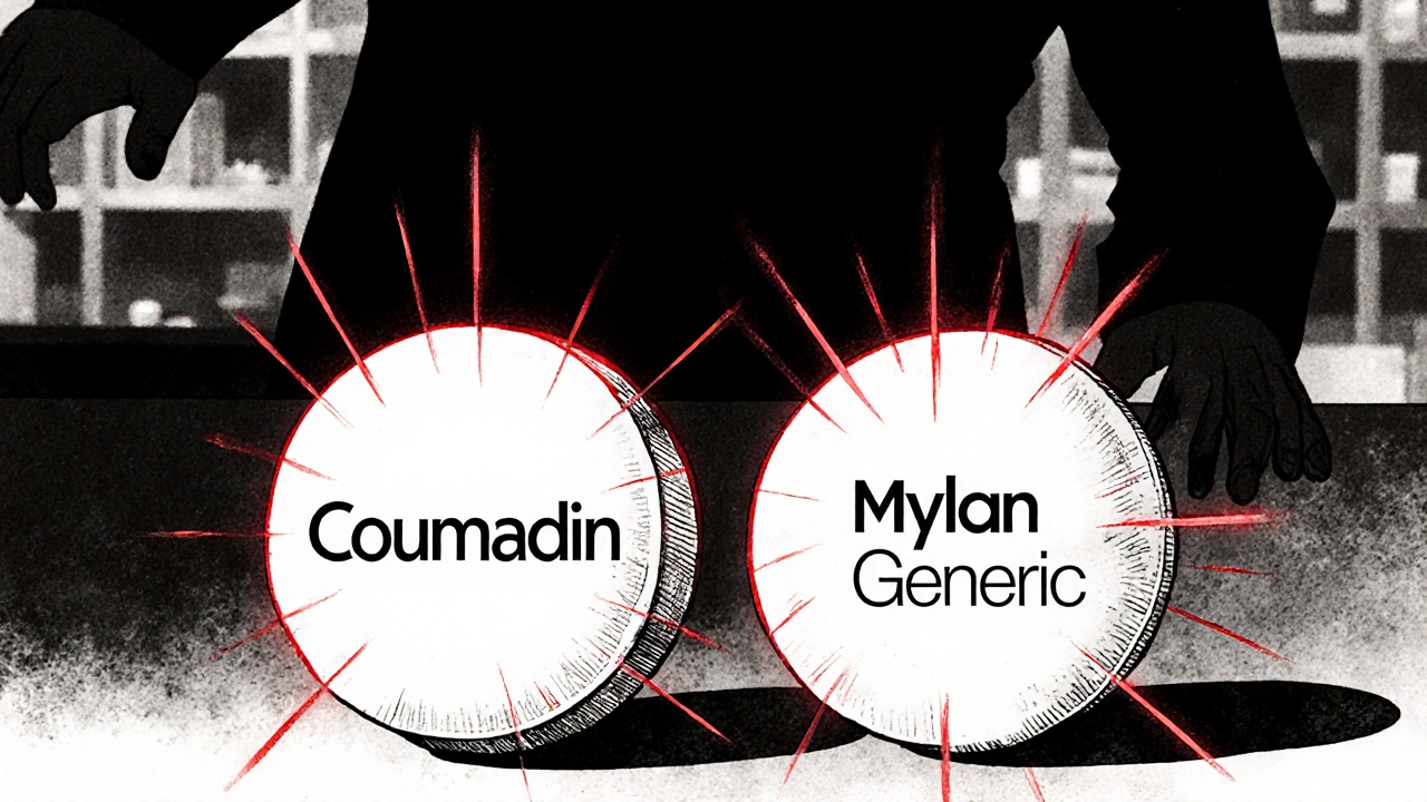 Two warfarin pills side by side, one branded Coumadin, one generic, with glowing lines showing absorption differences