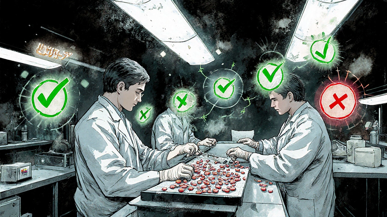 U.S. pharmaceutical lab with domestic API journey visualized in glowing green checks, contrasting faded overseas supply chains.