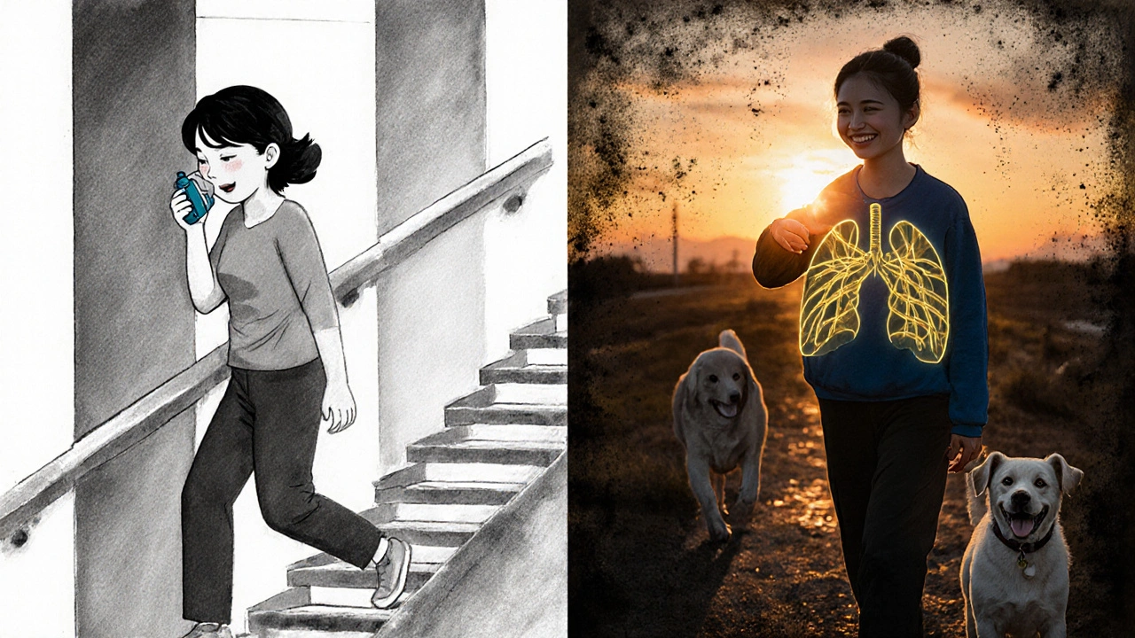 Woman struggling to breathe on stairs versus walking her dog peacefully, formoterol’s effect shown as golden threads.