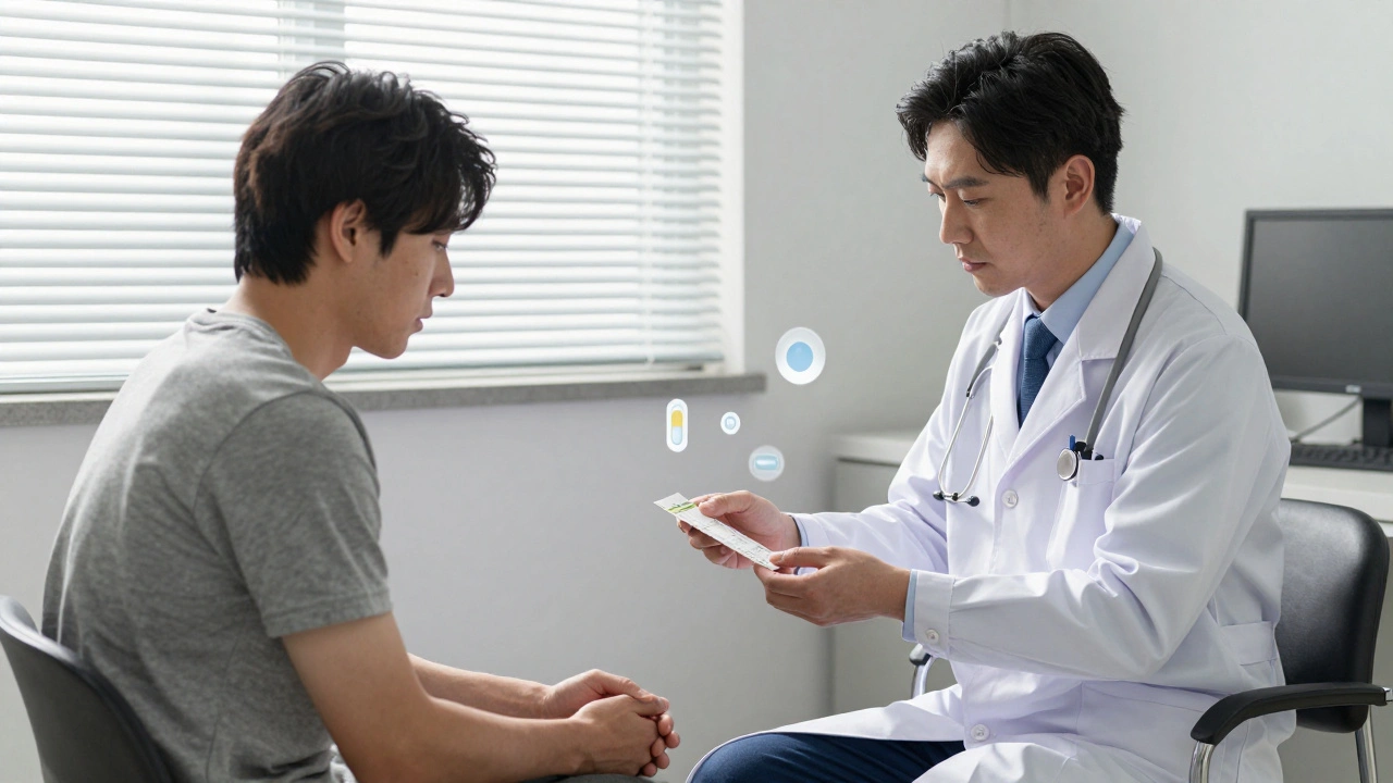 A doctor handing a prescription to a patient in a quiet office, with neurotransmitter icons floating between them.