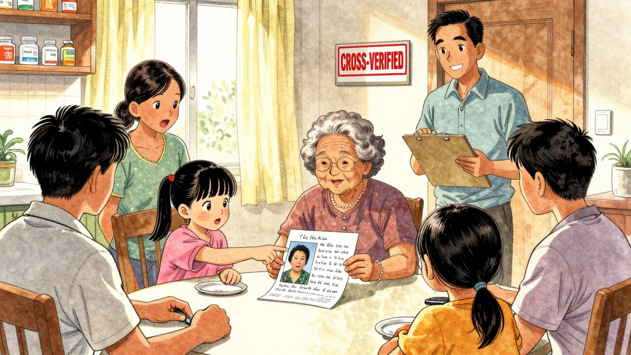 A family compares a prescription photo with a handwritten note, a translator arrives at the door as golden light fills the kitchen, diverse faces showing relief.