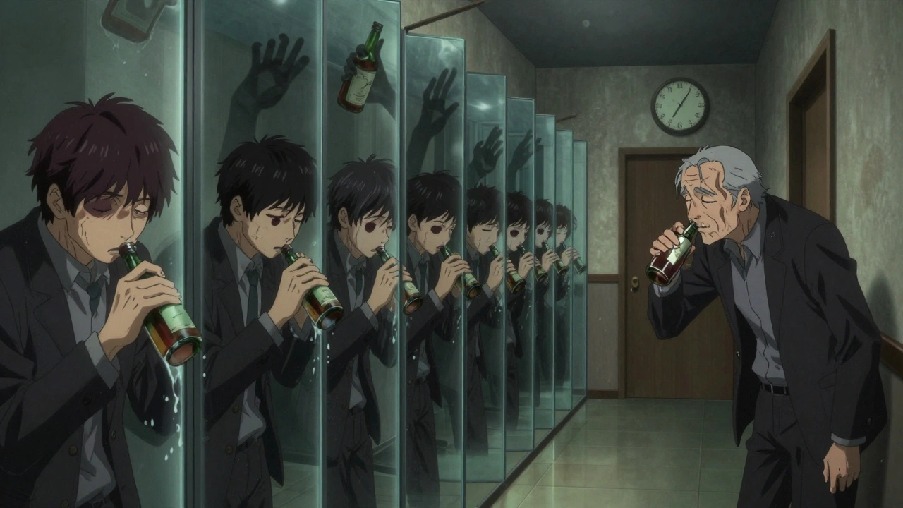 A hallway of mirrors showing a person aging into exhaustion due to chronic alcohol-related sleep loss.