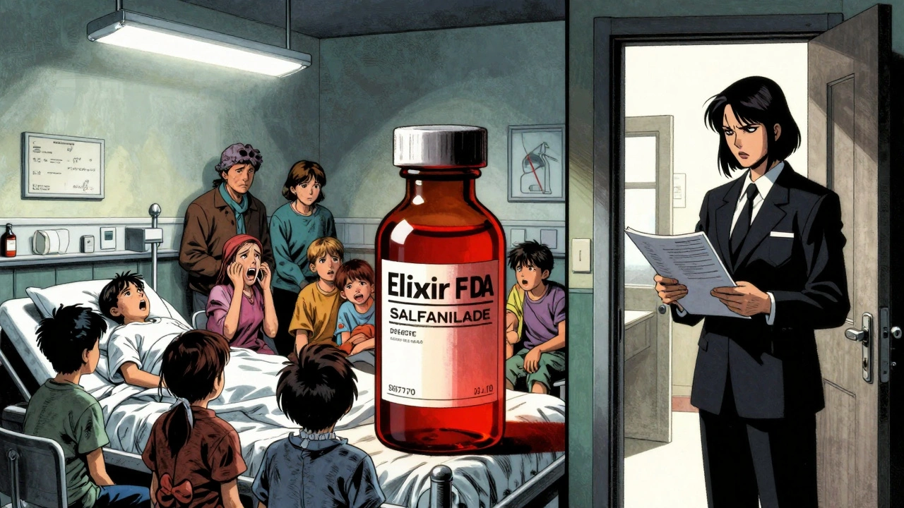 A hospital ward during the 1937 sulfanilamide tragedy, children crying as an inspector holds a safety report.