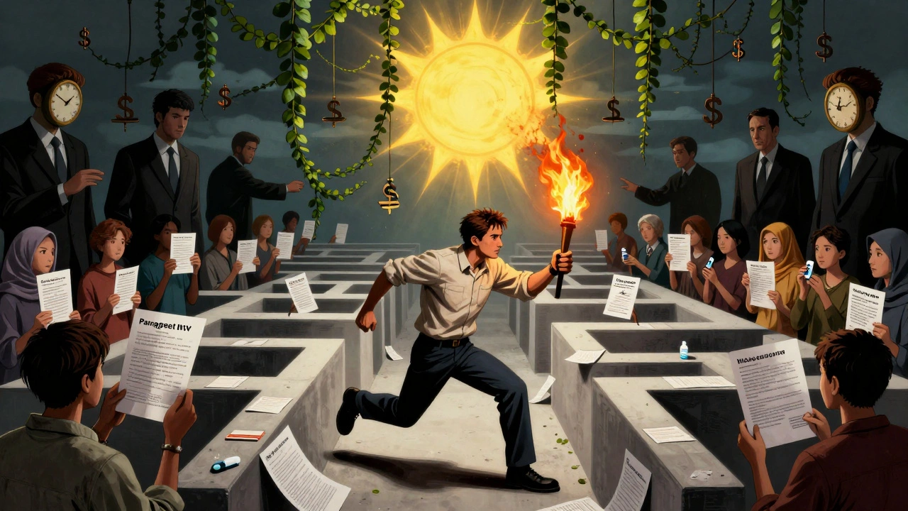 A lone innovator races through legal obstacles, clutching a Paragraph IV certification as corporate shadows close in.