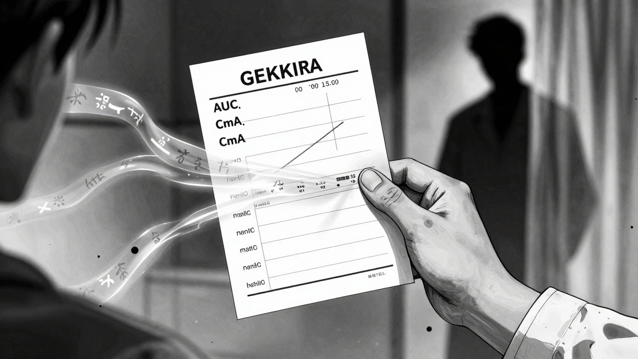A medical chart with swirling bioequivalence data beside a patient&#039;s hand, in gritty monochrome Gekiga style.