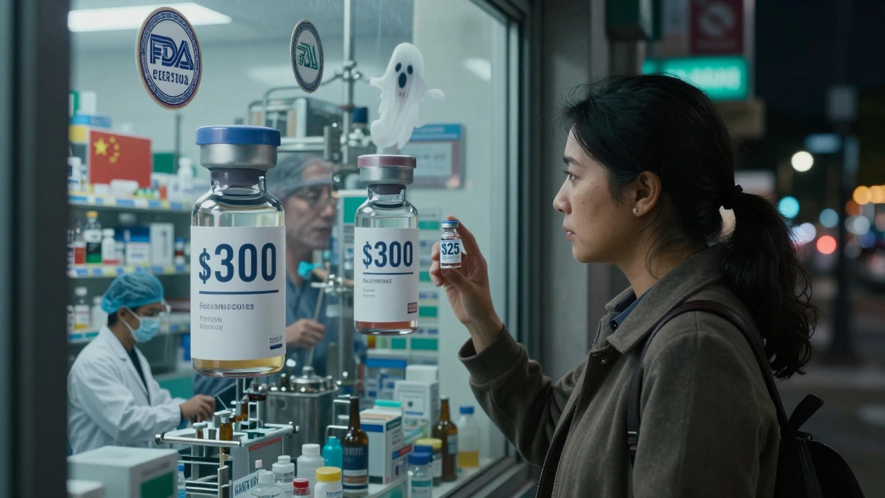 A mother staring at two insulin vials—one expensive, one cheap—reflected in a pharmacy window with distant factory workers.