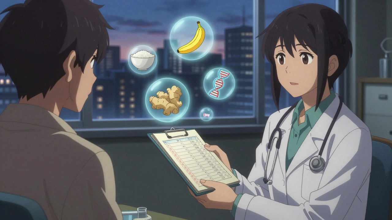 A patient and doctor discussing sertraline side effects with dietary and genetic symbols floating nearby.