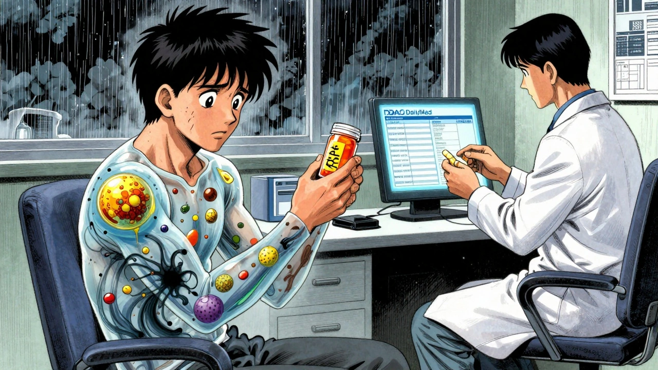 A patient in a doctor&#039;s office with allergens visible inside their body, pharmacist scanning a tablet.