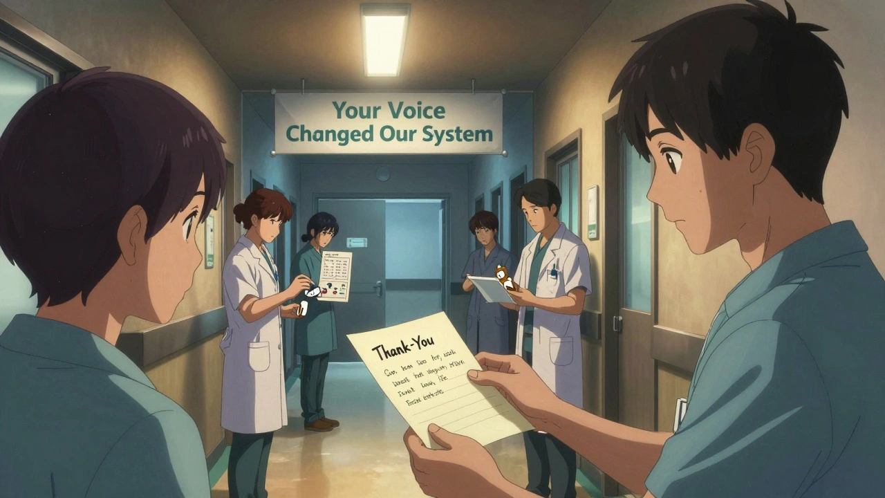 A patient receives a thank-you note from a safety officer while clinic staff update medication labels at night.