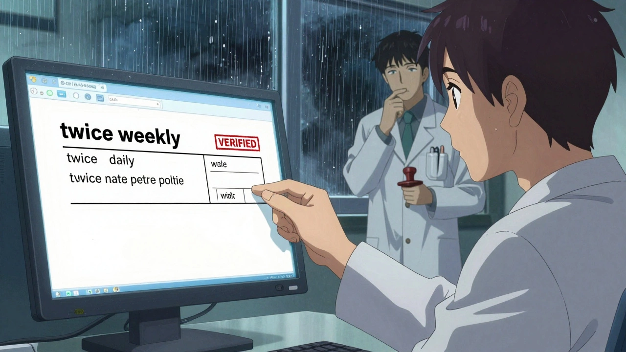 A pharmacist reviews a mistranslated prescription on screen, rain outside, another pharmacist hesitates to approve it in a cold, high-contrast scene.