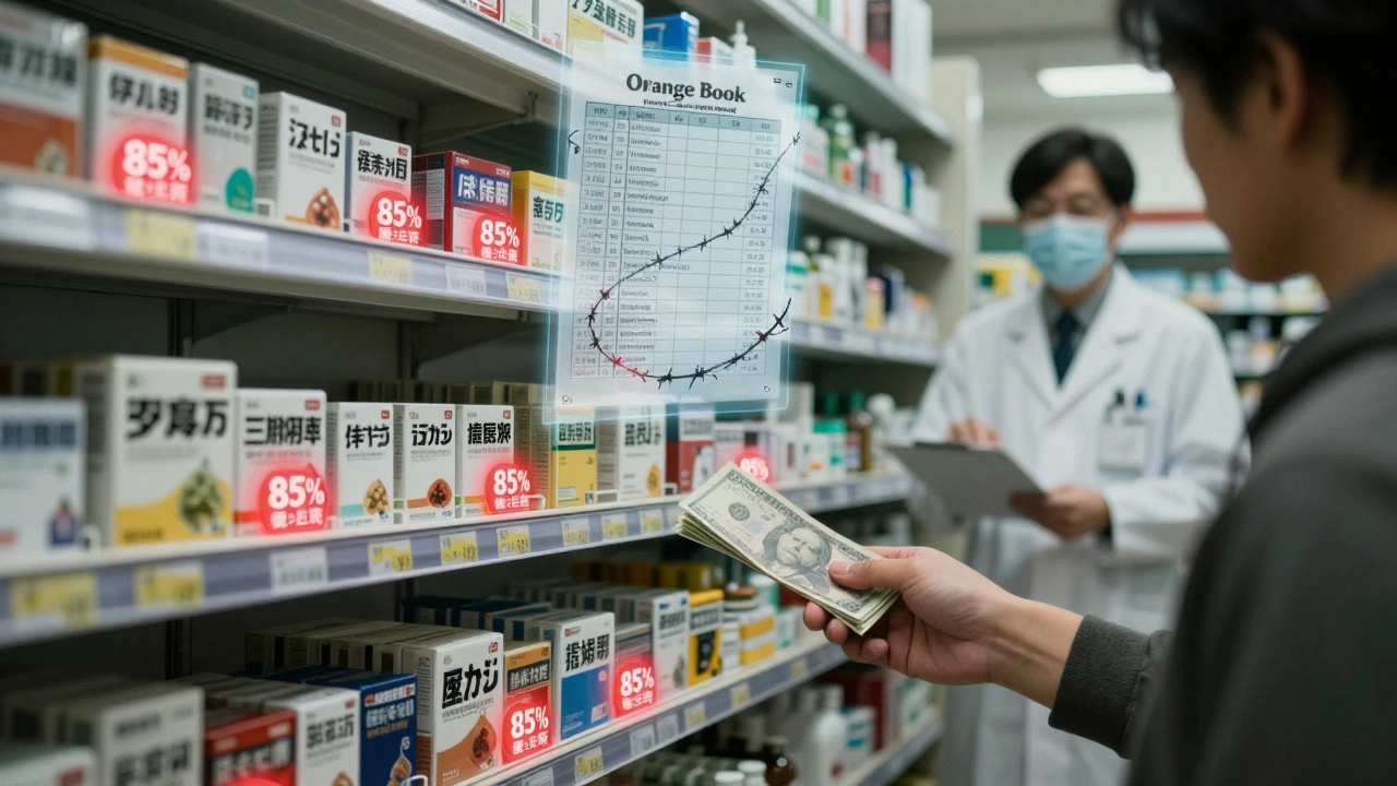 A pharmacy shelf filled with affordable generic pills, hovering above it a ghostly Orange Book entangled in patent barbed wire.