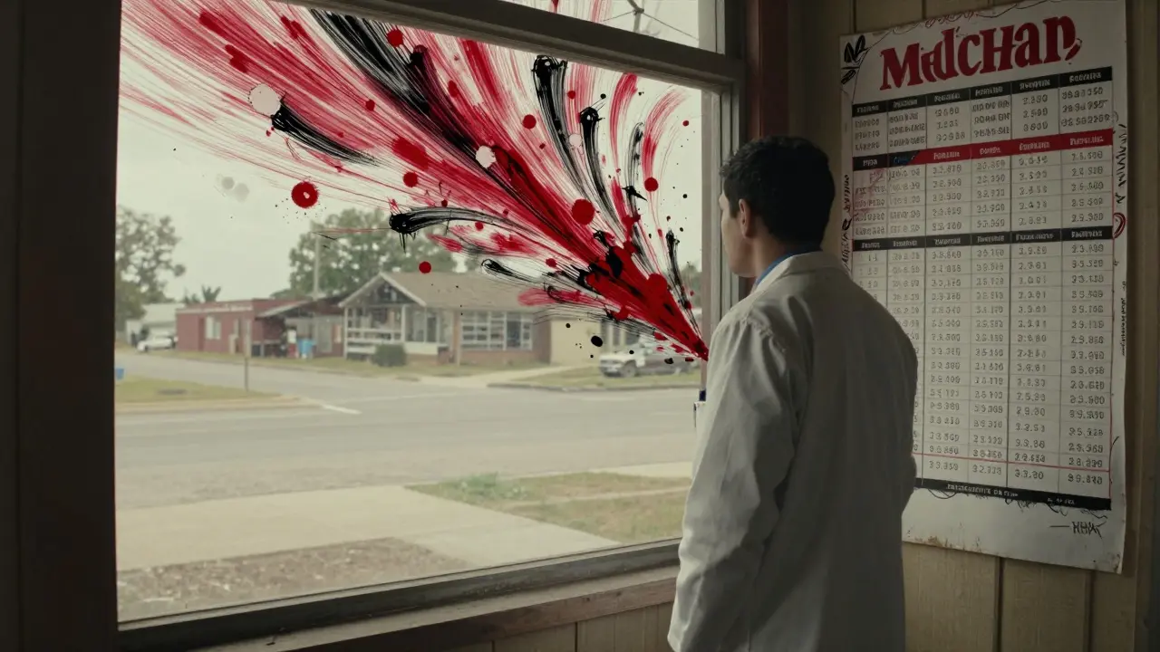 A rural pharmacist in Texas looking out a window, surrounded by chaotic charts showing wildly varying drug prices.