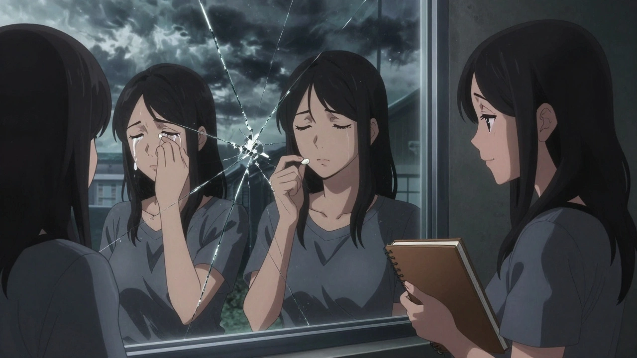 A woman reflected in three ways in a broken mirror, showing emotional struggle and healing.