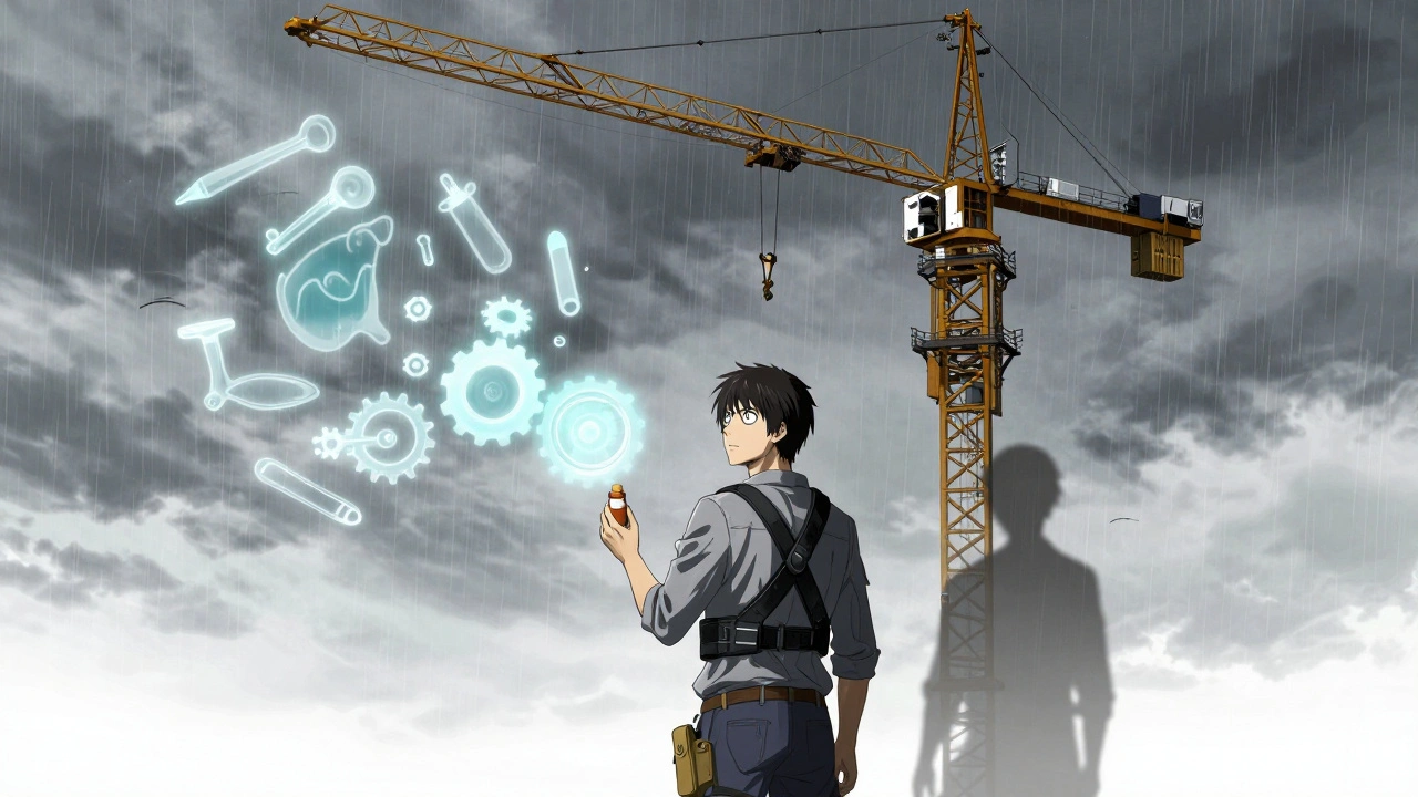 Construction worker impaired by medication, surrounded by ghostly images of falling tools near a massive crane.