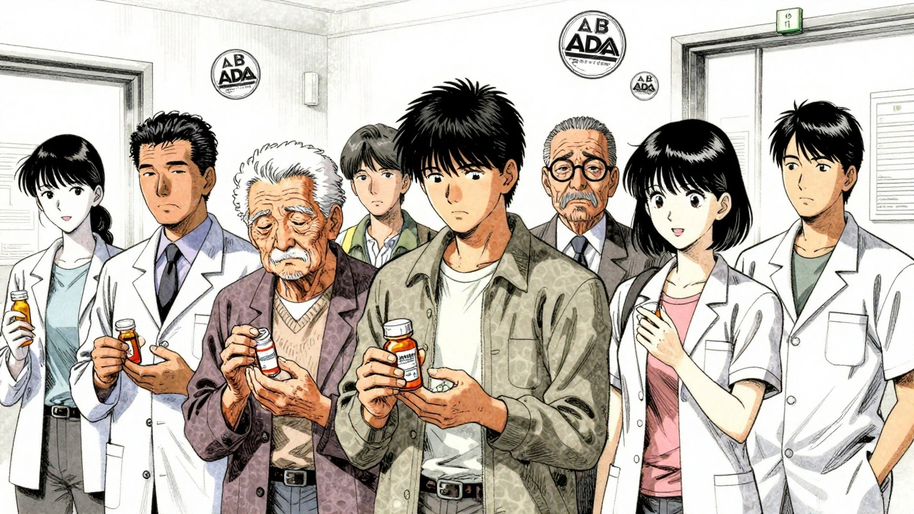 Diverse people holding pill bottles outside a clinic, one clutching thyroid medication with anxiety.