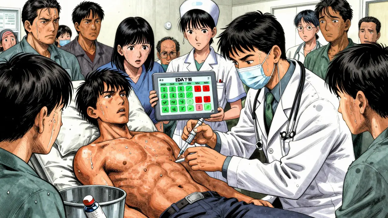 Doctor administers dantrolene in ER as nurse views FDA's live drug shortage dashboard.