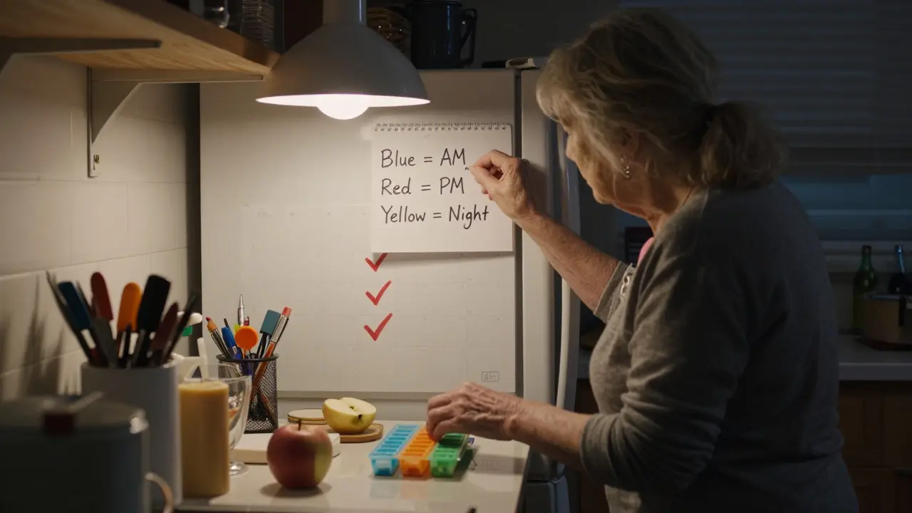 Elderly woman filling color-coded pill organizer on kitchen counter with calendar visible.