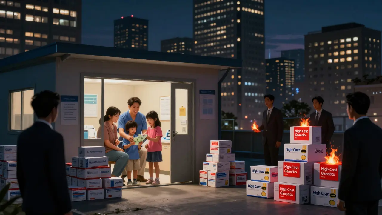 Family celebrating savings from generics at clinic while corporate shadows loom outside.