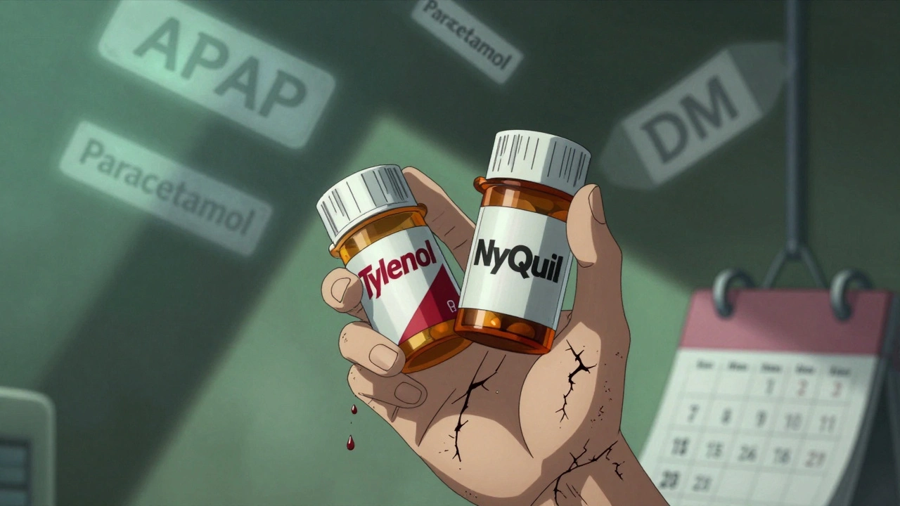 Hand holding two medicine bottles as cracks spread across skin, symbolizing liver damage from acetaminophen overdose.