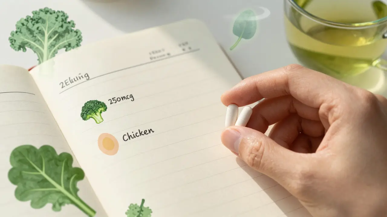 Hand holding vitamin K pill next to food log with precise measurements, symbolizing controlled routine.