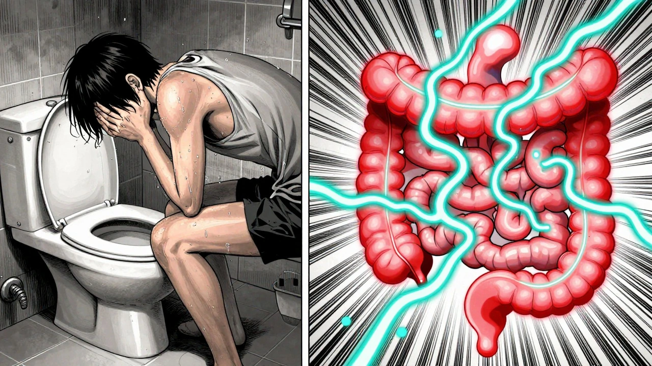 Internal view of serotonin overactivity in the gut, shown as glowing pathways during nausea.