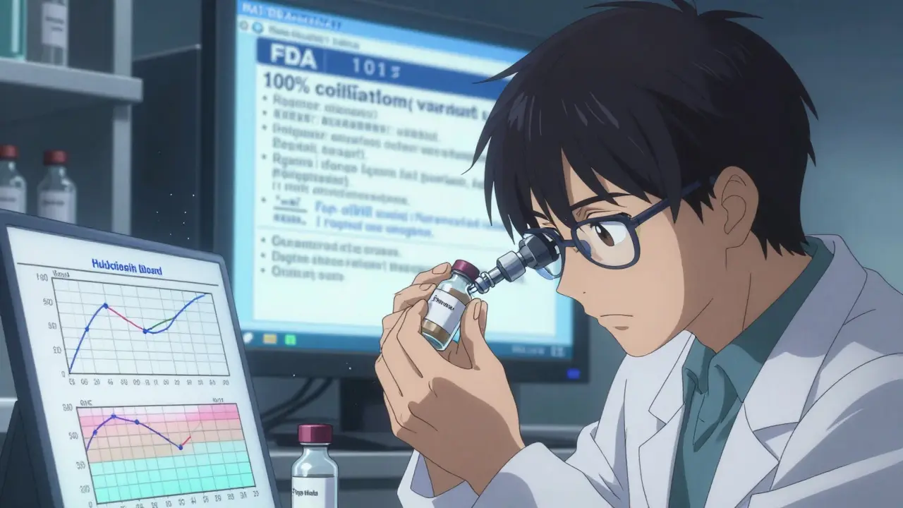 Lab technician analyzing propofol stability data under a magnifier with FDA approval on screen.
